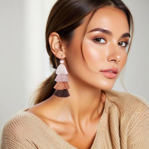 Clip on Earrings, Lightweight Colorful Layered Tassel Bohemian Statement Tiered Big Dangle Drop Earrings for Women, Non Pierced, Boho Jewelry in Saudi Arabia