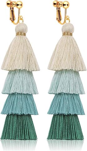 Clip on Earrings, Lightweight Colorful Layered Tassel Bohemian Statement Tiered Big Dangle Drop Earrings for Women, Non Pierced, Boho Jewelry in Saudi Arabia