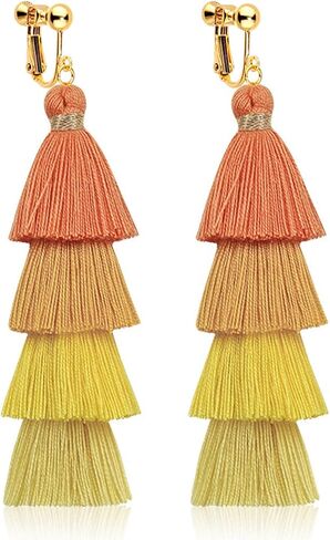 Clip on Earrings, Lightweight Colorful Layered Tassel Bohemian Statement Tiered Big Dangle Drop Earrings for Women, Non Pierced, Boho Jewelry in Saudi Arabia
