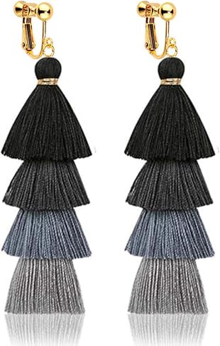 Clip on Earrings, Lightweight Colorful Layered Tassel Bohemian Statement Tiered Big Dangle Drop Earrings for Women, Non Pierced, Boho Jewelry in Saudi Arabia
