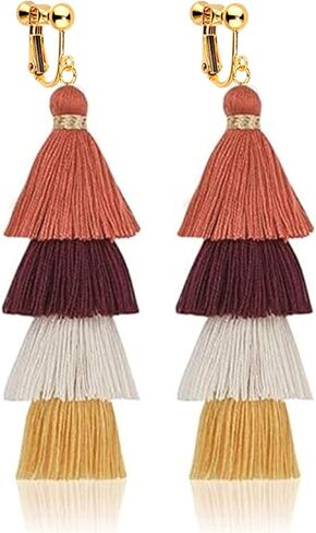 Clip on Earrings, Lightweight Colorful Layered Tassel Bohemian Statement Tiered Big Dangle Drop Earrings for Women, Non Pierced, Boho Jewelry in Saudi Arabia