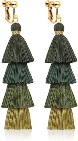 Clip on Earrings, Lightweight Colorful Layered Tassel Bohemian Statement Tiered Big Dangle Drop Earrings for Women, Non Pierced, Boho Jewelry in Saudi Arabia