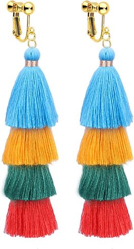 Clip on Earrings, Lightweight Colorful Layered Tassel Bohemian Statement Tiered Big Dangle Drop Earrings for Women, Non Pierced, Boho Jewelry in Saudi Arabia