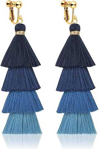 Clip on Earrings, Lightweight Colorful Layered Tassel Bohemian Statement Tiered Big Dangle Drop Earrings for Women, Non Pierced, Boho Jewelry in Saudi Arabia