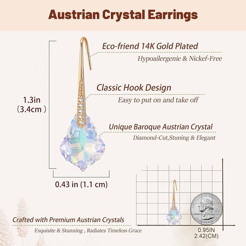 Dainty Austrian Crystal Baroque Drop Dangle Earrings for Women 14K Gold Plated Hook Earring Hypoallergenic Jewelry Gifts for Women in Saudi Arabia