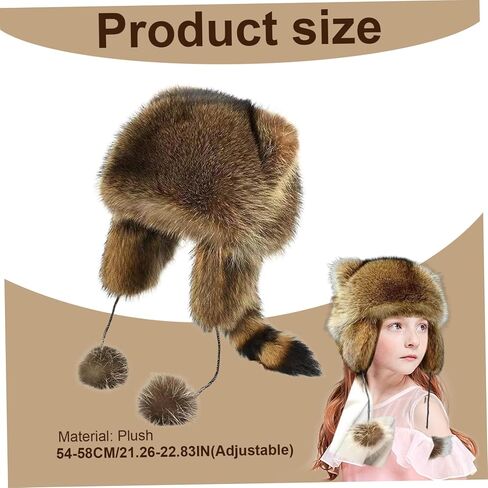 Raccoon Hat for Kids, Soft Cozy Thick Warm Furry Hat, Cute Coonskin with Tail, Adjustable Scene for Cold Weather, M in Saudi Arabia