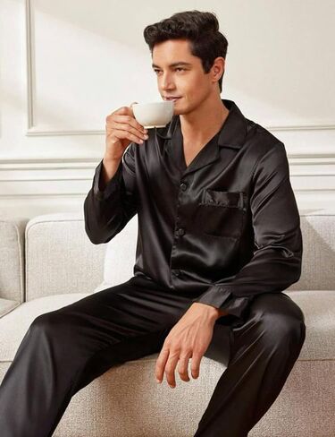 SWOMOG Men Pajamas Matching Pajamas Set Silk Satin Pj Long Sleeve Button Down Sleepwear 2 Pcs Loungewear in Saudi Arabia