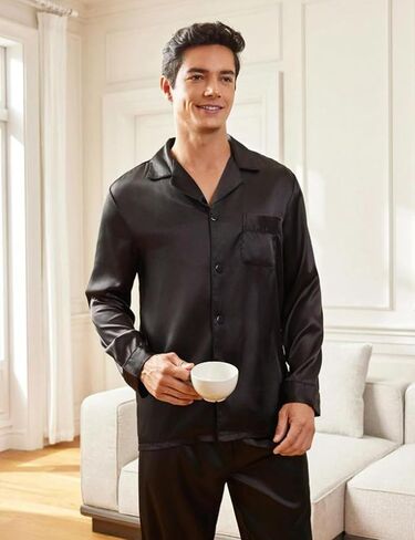 SWOMOG Men Pajamas Matching Pajamas Set Silk Satin Pj Long Sleeve Button Down Sleepwear 2 Pcs Loungewear in Saudi Arabia