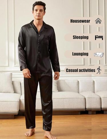 SWOMOG Men Pajamas Matching Pajamas Set Silk Satin Pj Long Sleeve Button Down Sleepwear 2 Pcs Loungewear in Saudi Arabia