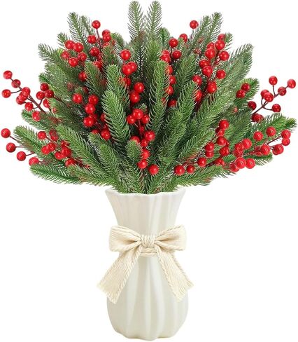 40 PCS Artificial Pine Branches Fake Greenery Picks Red Berry Stems Evergreen Fake Plant Holly Decoration for DIY Christmas Tree Xmas Embellishing Flower Arrangements Decoration Home Decor in Saudi Arabia