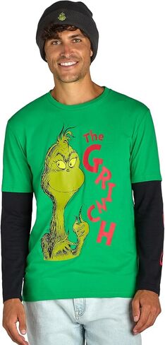 Dr. Seuss The Grinch Men's Faux Long Sleeve Shirt and Embroidered Beanie Set (X-Small) Green in Saudi Arabia