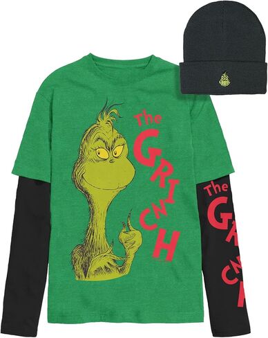Dr. Seuss The Grinch Men's Faux Long Sleeve Shirt and Embroidered Beanie Set (X-Small) Green in Saudi Arabia