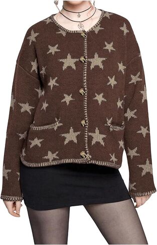 Women's Star Pattern Cardigan Round Neck Button Down Long Sleeve Cardigan Coat Casual Sweater Top with Pocket in Kuwait