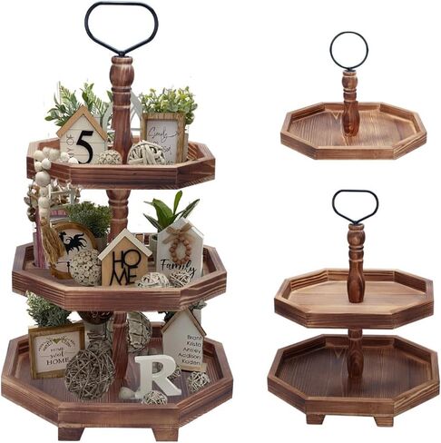 MRPAPA Tiered Tray Stand Wood Tier Serving Tray, Three Decorative Trays, Wooden Cupcake Stand 3 Tiered Farmhouse Trays for Home Decor(L 13.8" W 12.5" H 21.8") in Saudi Arabia