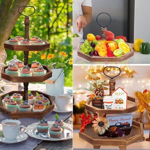 MRPAPA Tiered Tray Stand Wood Tier Serving Tray, Three Decorative Trays, Wooden Cupcake Stand 3 Tiered Farmhouse Trays for Home Decor(L 13.8" W 12.5" H 21.8") in Saudi Arabia