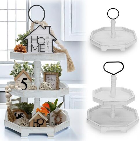 MRPAPA Tiered Tray Stand Wood Tier Serving Tray, Three Decorative Trays, Wooden Cupcake Stand 3 Tiered Farmhouse Trays for Home Decor(L 13.8" W 12.5" H 21.8") in Saudi Arabia