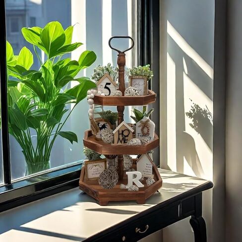 MRPAPA Tiered Tray Stand Wood Tier Serving Tray, Three Decorative Trays, Wooden Cupcake Stand 3 Tiered Farmhouse Trays for Home Decor(L 13.8" W 12.5" H 21.8") in Saudi Arabia