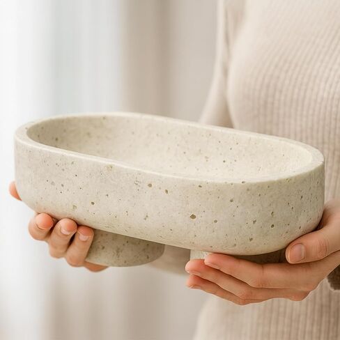 Natural Travertine Marble Oval Tray with 2 Legs, Vanity Decorative Tray for Perfume, Candles, Jewelry Dish,Countertop Storage Organizer for Home Decor (Beige) in Saudi Arabia