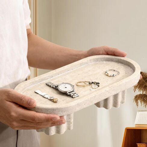 Natural Travertine Marble Oval Tray with 2 Legs, Vanity Decorative Tray for Perfume, Candles, Jewelry Dish,Countertop Storage Organizer for Home Decor (Beige) in Saudi Arabia