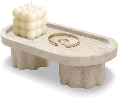 Natural Travertine Marble Oval Tray with 2 Legs, Vanity Decorative Tray for Perfume, Candles, Jewelry Dish,Countertop Storage Organizer for Home Decor (Beige) in Saudi Arabia
