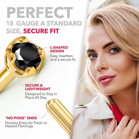 14k Yellow Gold Black Diamond Nose Ring - 20 Gauge 18 Gauge Nose Stud with 1.5mm (0.015 cttw) Genuine Black Diamond - 6mm Post - Handmade Hypoallergenic Piercing Jewelry in Saudi Arabia