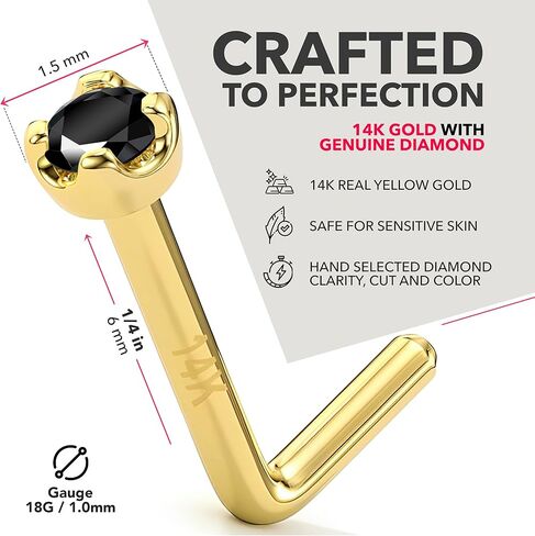 14k Yellow Gold Black Diamond Nose Ring - 20 Gauge 18 Gauge Nose Stud with 1.5mm (0.015 cttw) Genuine Black Diamond - 6mm Post - Handmade Hypoallergenic Piercing Jewelry in Saudi Arabia