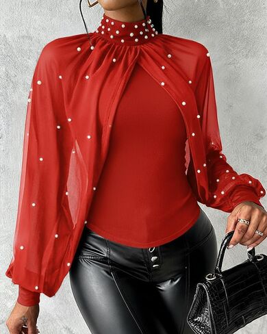 CHICME Womens Tops Dressy Casual Lantern Sleeve Chiffon Spliced Top with Pearls High Neck Slim Fit Cape Style Blouse in Saudi Arabia
