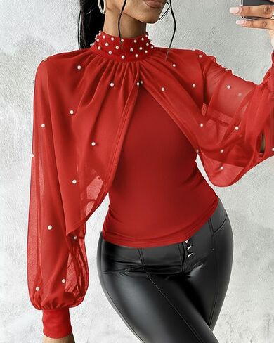 CHICME Womens Tops Dressy Casual Lantern Sleeve Chiffon Spliced Top with Pearls High Neck Slim Fit Cape Style Blouse in Saudi Arabia