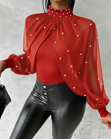 CHICME Womens Tops Dressy Casual Lantern Sleeve Chiffon Spliced Top with Pearls High Neck Slim Fit Cape Style Blouse in Saudi Arabia