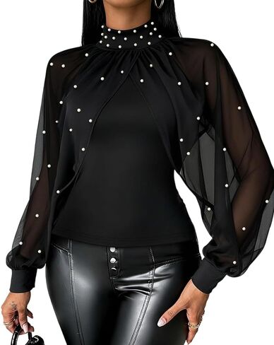 CHICME Womens Tops Dressy Casual Lantern Sleeve Chiffon Spliced Top with Pearls High Neck Slim Fit Cape Style Blouse in Saudi Arabia