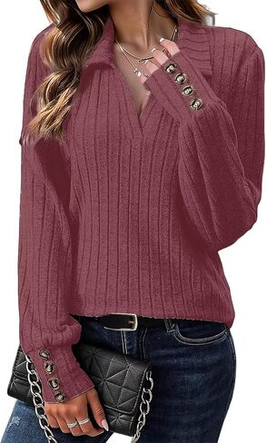 Flamingals Women's Knitted Collared V Neck Shirts Tops Button Cuff Long Sleeve Dressy Casual Polo Tops Fall Fashion in Saudi Arabia