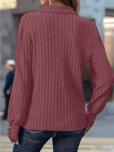 Flamingals Women's Knitted Collared V Neck Shirts Tops Button Cuff Long Sleeve Dressy Casual Polo Tops Fall Fashion in Saudi Arabia