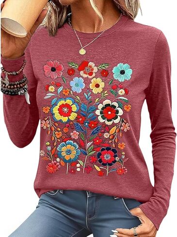 Flamingals Long Sleeve Graphic Tees for Women Vintage Wildflower Pattern Shirts Tops Crewneck Classic Tops for Women in Saudi Arabia