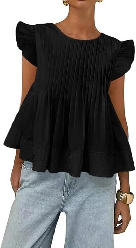 بلوزات الصيف النسائية مطوي بيبلوم كشكش كم بلوزة رقبة مستديرة ألف خط بيبي دول قمصان بلايز in Kuwait