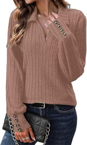 Flamingals Women's Knitted Collared V Neck Shirts Tops Button Cuff Long Sleeve Dressy Casual Polo Tops Fall Fashion in Saudi Arabia