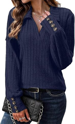Flamingals Women's Knitted Collared V Neck Shirts Tops Button Cuff Long Sleeve Dressy Casual Polo Tops Fall Fashion in Saudi Arabia