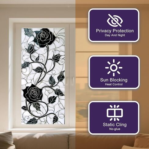 IVN Privacy Window Film Black Rose Vine Decorative Window Cling Stained Glass Style Static Cling Glass Sticker for Bathroom Entryway Kitchen Door Panel 17.7 x 39.3 Inch in Saudi Arabia