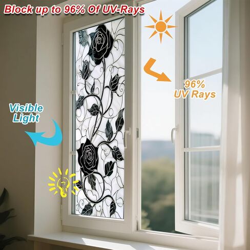 IVN Privacy Window Film Black Rose Vine Decorative Window Cling Stained Glass Style Static Cling Glass Sticker for Bathroom Entryway Kitchen Door Panel 17.7 x 39.3 Inch in Saudi Arabia