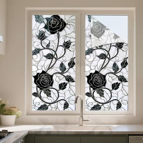 IVN Privacy Window Film Black Rose Vine Decorative Window Cling Stained Glass Style Static Cling Glass Sticker for Bathroom Entryway Kitchen Door Panel 17.7 x 39.3 Inch in Saudi Arabia