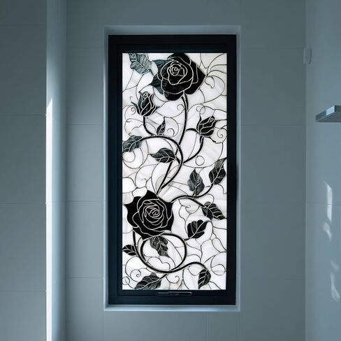 IVN Privacy Window Film Black Rose Vine Decorative Window Cling Stained Glass Style Static Cling Glass Sticker for Bathroom Entryway Kitchen Door Panel 17.7 x 39.3 Inch in Saudi Arabia