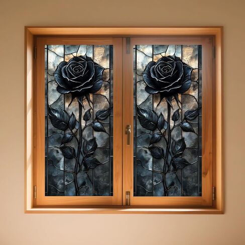 IVN Privacy Window Film Black Rose Vine Decorative Window Cling Stained Glass Style Static Cling Glass Sticker for Bathroom Entryway Kitchen Door Panel 17.7 x 39.3 Inch in Saudi Arabia