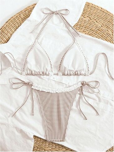 MakeMeChic Women's Plaid Bikini Set Halter Tie Back String Swimsuit 2 Piece Bathing Suit in Saudi Arabia