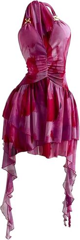 SweatyRocks Women's Y2k Flowy Mini Dress Deep V Neck Ruffle Mesh Halter Dresses Clubwear in Saudi Arabia