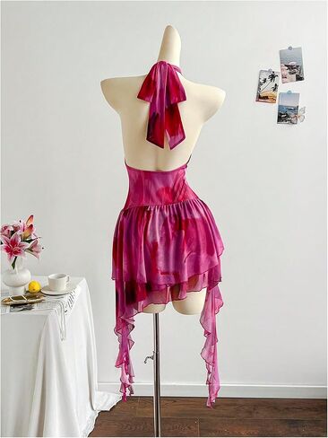 SweatyRocks Women's Y2k Flowy Mini Dress Deep V Neck Ruffle Mesh Halter Dresses Clubwear in Saudi Arabia
