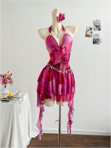 SweatyRocks Women's Y2k Flowy Mini Dress Deep V Neck Ruffle Mesh Halter Dresses Clubwear in Saudi Arabia