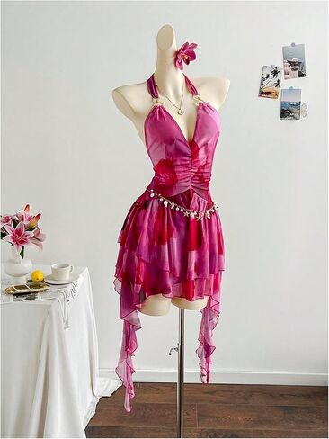 SweatyRocks Women's Y2k Flowy Mini Dress Deep V Neck Ruffle Mesh Halter Dresses Clubwear in Saudi Arabia