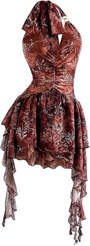 SweatyRocks Women's Y2k Flowy Mini Dress Deep V Neck Ruffle Mesh Halter Dresses Clubwear in Saudi Arabia