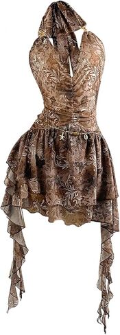 SweatyRocks Women's Y2k Flowy Mini Dress Deep V Neck Ruffle Mesh Halter Dresses Clubwear in Saudi Arabia