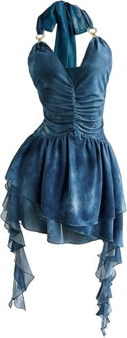 SweatyRocks Women's Y2k Flowy Mini Dress Deep V Neck Ruffle Mesh Halter Dresses Clubwear in Saudi Arabia
