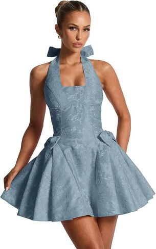 Satin Jacquard Halter Homecoming Dresses with Bow Puffy A Line Corset Summer Formal Evening Gown for Teens in Saudi Arabia
